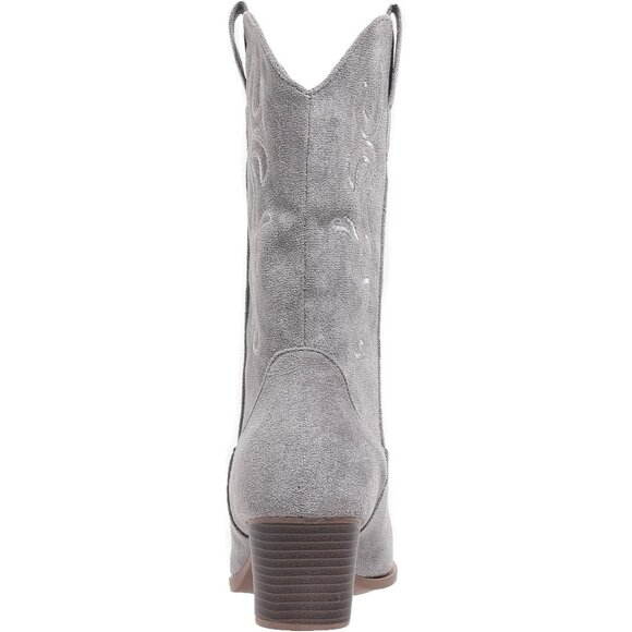 Women Grey Suede Mid Calf Chunky Block Heel Western Embroidered Fashion Boot - Picture 4 of 5